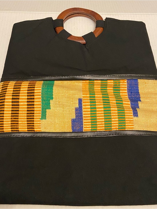 Kente Handbags - Women’s Black Tote Clutch Bag with Colorful Kente Stripe and Wooden Handles.